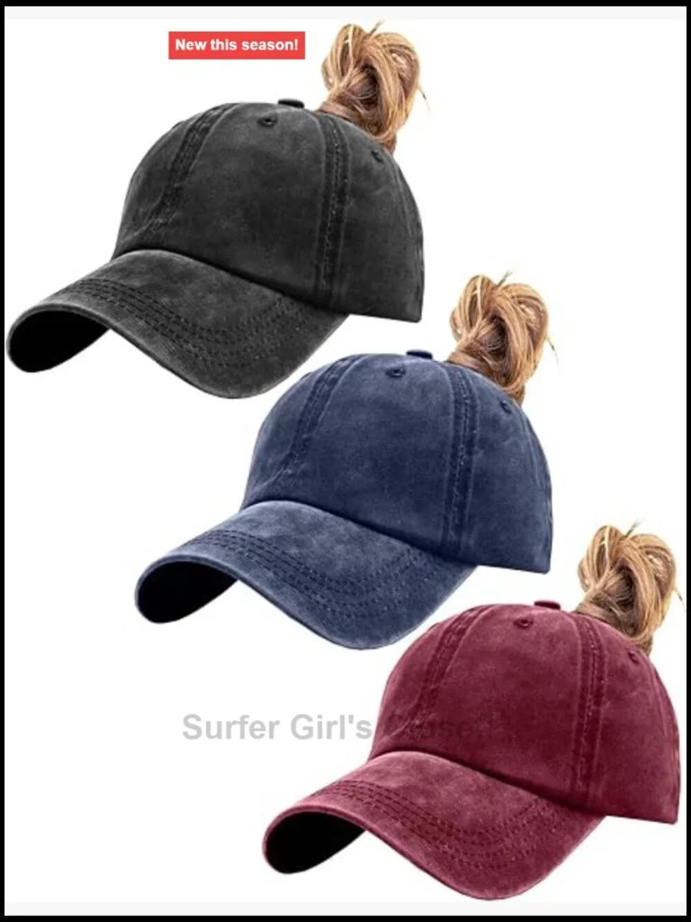 Women's Baseball Cap with Ponytail Hole, Distressed Washed Cotton, Adjustable